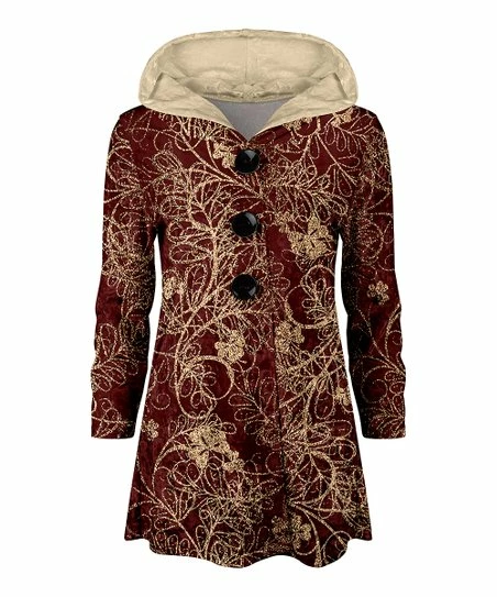 Lily | Red & Cream Abstract Leaf Hooded Velvet Button-Up Jacket - Plus 1 Lily | Red & Cream Abstract Leaf Hooded Velvet Button-Up Jacket - Plus