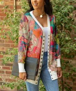 Lily | Coral & Teal Abstract Pocket Button-Up Cardigan - Plus