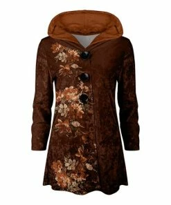 Lily | Brown & Beige Floral Hooded Velvet Button-Up Jacket - Women