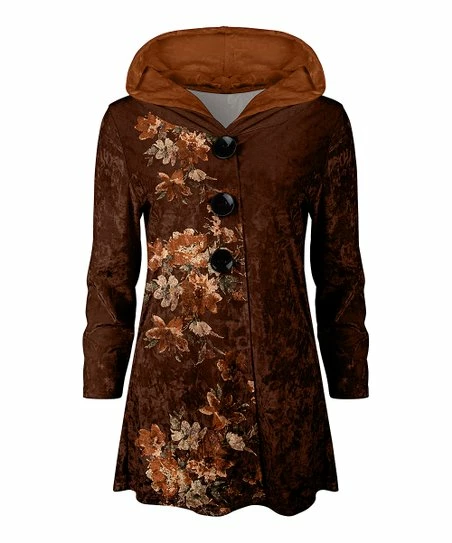 Lily | Brown & Beige Floral Hooded Velvet Button-Up Jacket - Women 1 Lily | Brown & Beige Floral Hooded Velvet Button-Up Jacket - Women