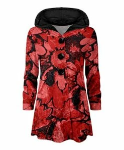Lily | Black & Red Floral Hooded Velvet Button-Up Jacket - Plus
