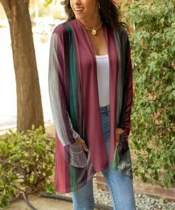 Lily | Mauve & Turquoise Vertical Stripe Pocket Open Cardigan - Plus