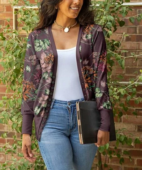 Lily | Mauve & Green Floral Button-Up Cardigan - Women 1 Lily | Mauve & Green Floral Button-Up Cardigan - Women