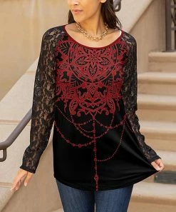 Lily | Black & Red Medallion Lace-Contrast Raglan Tunic - Women