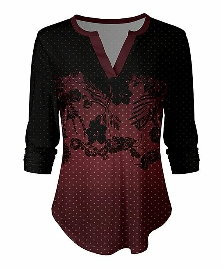 Lily | Red & Black Floral Polka Dot Three-Quarter Sleeve Tee - Women 1 Lily | Red & Black Floral Polka Dot Three-Quarter Sleeve Tee - Women