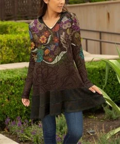 Lily | Brown Multicolor Lace-Print Floral Ruffle-Hem Hooded Sweater Dress - Plus