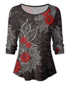 Lily | Black & Red Floral Scoop Neck Three-Quarter Sleeve Tunic - Women