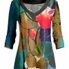 Lily | Brown & Blue Floral Brushstroke V-Neck Three-Quarter Sleeve Tunic - Plus