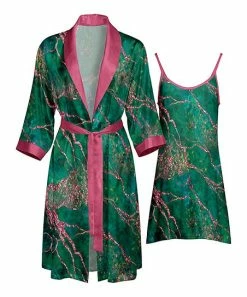 Lily | Pink & Green Marble Satin Robe & Camisole - Plus