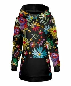 Lily | Black Floral Kangaroo-Pocket Longline Hoodie - Women