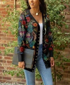 Lily | Black Multicolor Floral Pocket Snap-Button Cardigan - Women & Plus