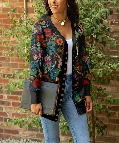 Lily | Black Multicolor Floral Pocket Snap-Button Cardigan - Women & Plus 1 Lily | Black Multicolor Floral Pocket Snap-Button Cardigan - Women & Plus