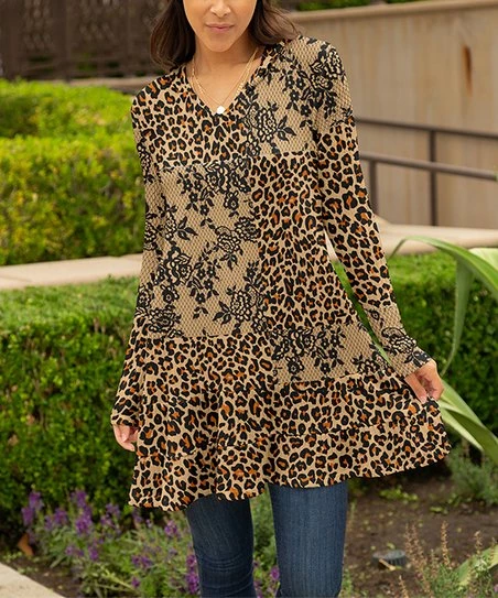 Lily | Black & Beige Floral & Leopard Ruffle-Hem Hooded Sweater Dress - Plus 1 Lily | Black & Beige Floral & Leopard Ruffle-Hem Hooded Sweater Dress - Plus