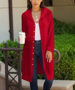 Lily | Red Button-Up Hooded Longline Cardigan - Women