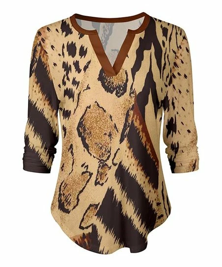 Lily | Brown & Beige Animal-Print Notch Neck Three-Quarter Sleeve Tunic - Women 1 Lily | Brown & Beige Animal-Print Notch Neck Three-Quarter Sleeve Tunic - Women