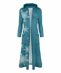 Lily | Teal & White Snowflake Pocket Hooded Open Duster - Plus