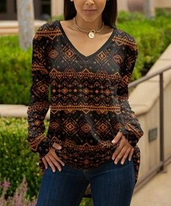 Lily | Black & Brown Geometric V-Neck Long-Sleeve Tunic - Plus