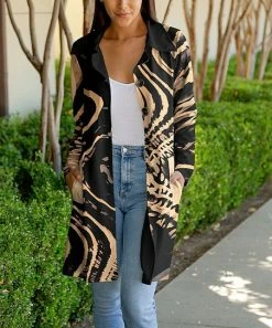 Lily | Beige & Black Abstract Bal-Collar Pocket Button-Up Cardigan - Plus