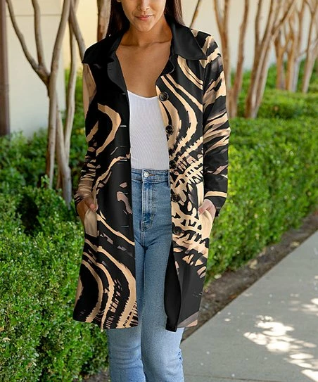 Lily | Beige & Black Abstract Bal-Collar Pocket Button-Up Cardigan - Plus 1 Lily | Beige & Black Abstract Bal-Collar Pocket Button-Up Cardigan - Plus