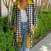 Lily | Black & Gold Plaid Sunflower Bal-Collar Pocket Button-Up Cardigan - Women