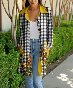 Lily | Black & Gold Plaid Sunflower Bal-Collar Pocket Button-Up Cardigan - Women