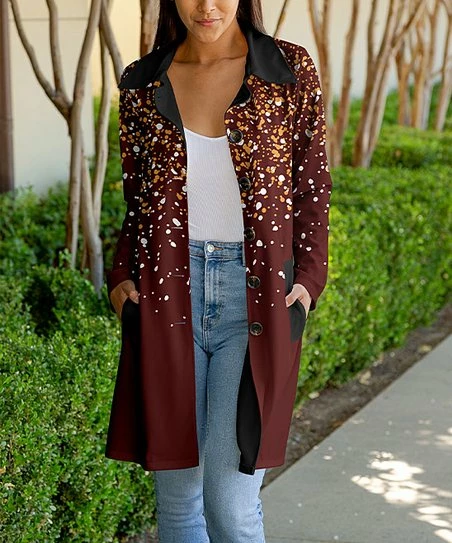 Lily | Black & Burgundy Splatter Bal-Collar Pocket Button-Up Cardigan - Plus 1 Lily | Black & Burgundy Splatter Bal-Collar Pocket Button-Up Cardigan - Plus