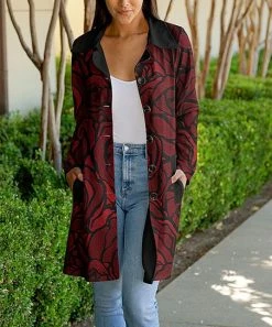 Lily | Red & Black Floral Bal-Collar Pocket Button-Up Cardigan - Plus