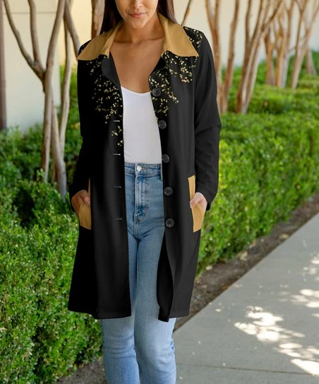 Lily | Gold & Black Splatter Contrast-Trim Pocket Car Coat - Women 1 Lily | Gold & Black Splatter Contrast-Trim Pocket Car Coat - Women
