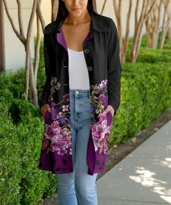 Lily | Purple & Black Floral Bal-Collar Pocket Button-Up Cardigan - Women