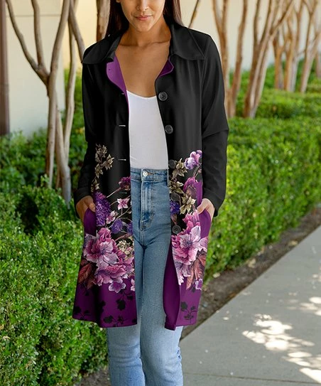 Lily | Purple & Black Floral Bal-Collar Pocket Button-Up Cardigan - Women 1 Lily | Purple & Black Floral Bal-Collar Pocket Button-Up Cardigan - Women