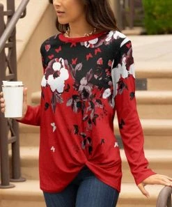 Lily | Black & Red Floral Twist-Hem Crewneck Tunic - Women