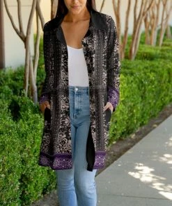 Lily | Black & Purple Arabesque Pocket Longline Jacket - Women