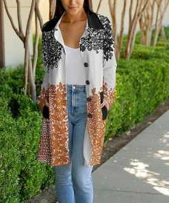 Lily | White & Orange Foliage Car Coat - Women