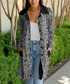 Lily | Black & White Floral Lace-Print Pocket Bal-Collar Button-Up Coat - Plus