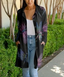 Lily | Black & Mauve Dragonfly Bal-Collar Pocket Button-Up Cardigan - Plus