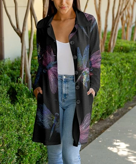 Lily | Black & Mauve Dragonfly Bal-Collar Pocket Button-Up Cardigan - Plus 1 Lily | Black & Mauve Dragonfly Bal-Collar Pocket Button-Up Cardigan - Plus