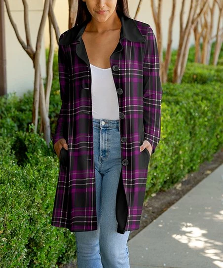 Lily | Black & Purple Plaid Bal-Collar Pocket Button-Up Cardigan - Plus 1 Lily | Black & Purple Plaid Bal-Collar Pocket Button-Up Cardigan - Plus