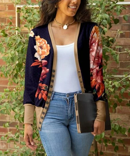Lily | Navy & Beige Floral Snap-Up Cardigan - Women & Plus 1 Lily | Navy & Beige Floral Snap-Up Cardigan - Women & Plus