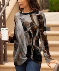 Lily | Black & Brown Brushstroke Twist-Hem Crewneck Tunic - Women