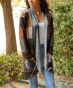 Lily | Brown & Gray Color Block Shawl-Collar Pocket Open Cardigan - Women