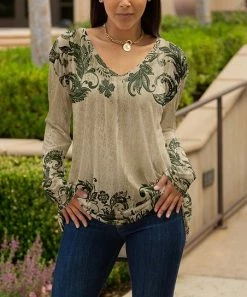 Lily | Beige & Green Paisley Floral Long-Sleeve V-Neck Tunic - Women